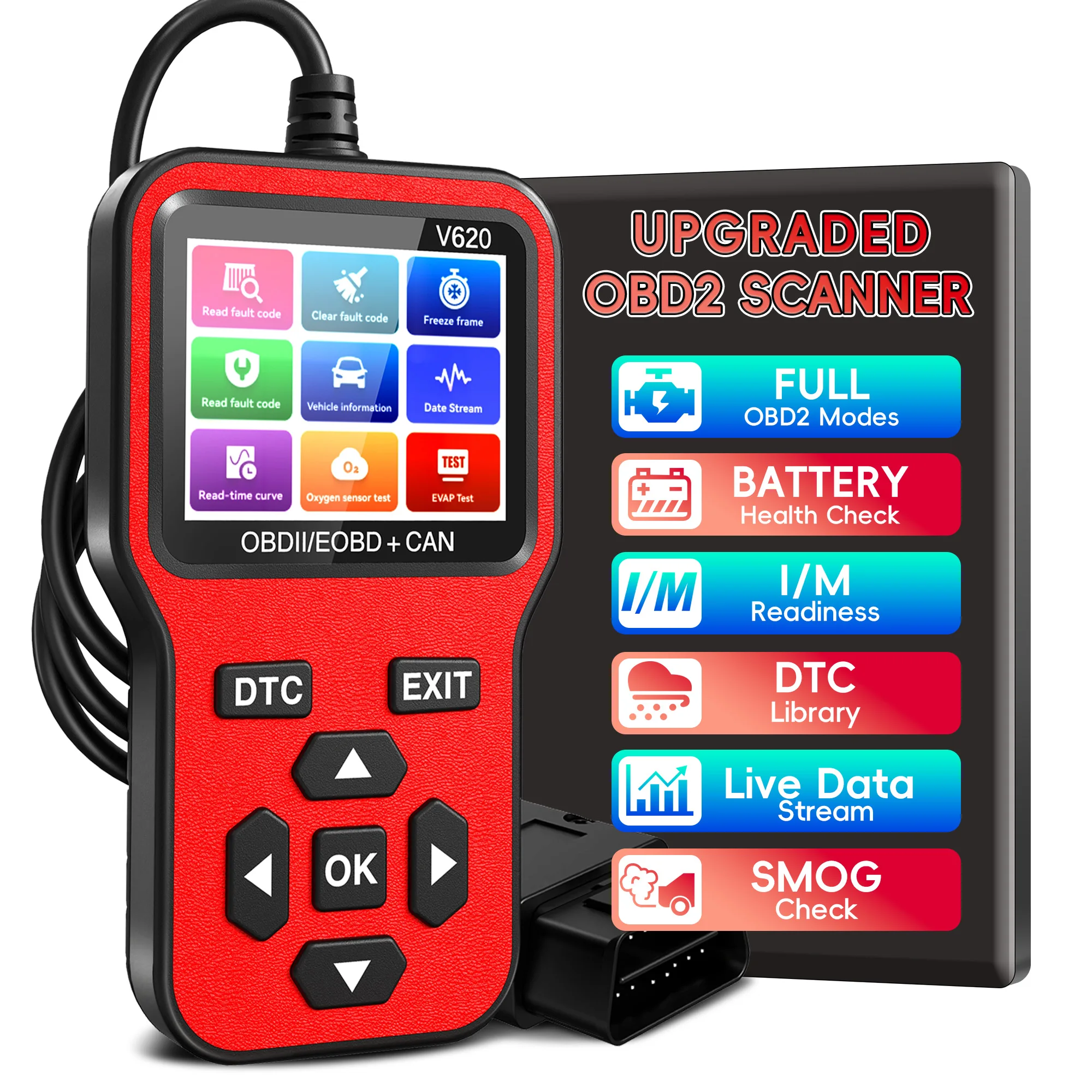 OBD2 Diagnostic Scanner Tool - Engine Check Light Code Reader, Battery Voltage Tester, I/M Readiness, Reset, and Code Eraser