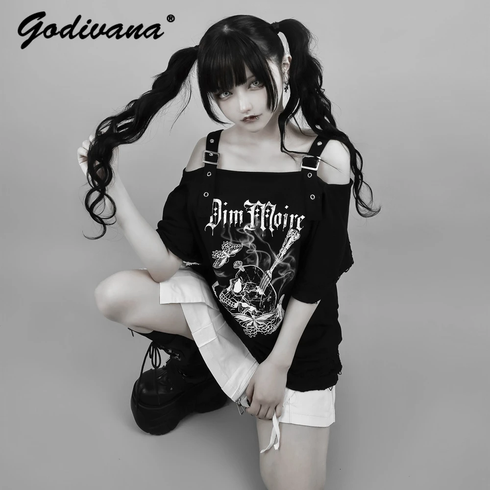 Japanese Mine Print Adjustable Suspenders Off Shoulder T-shirt Gothic Ripped Short Sleeve Medium Long Tshirt Streetwear Tops