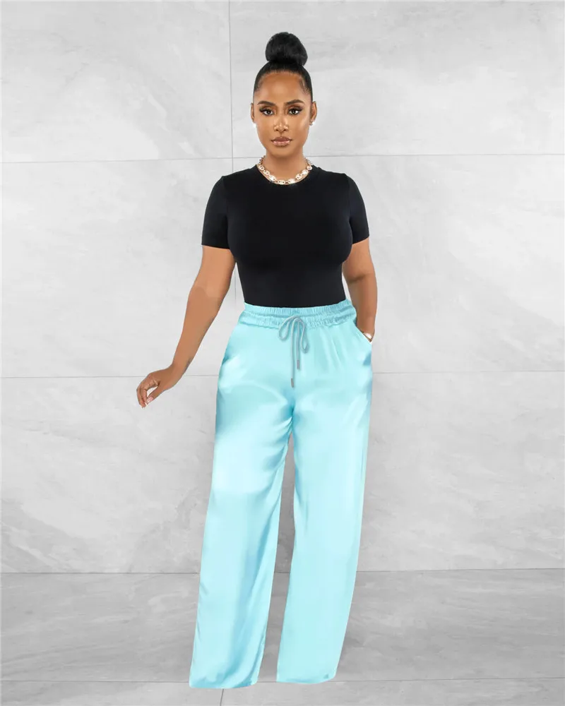 

Summer Women Solid High Waist Bright Silk Casual Wide Leg Pants 2023 Straight Loose Streetwear Trousers Office Lady Work Pants