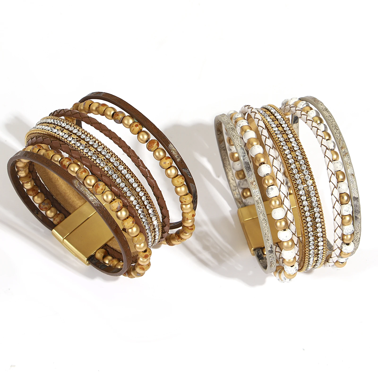 

Amorcome Vintage Metal Bead Leather Bracelet for Women Multilayer Winding Magnetic Buckle Bracelet Exquisite Jewelry Gift