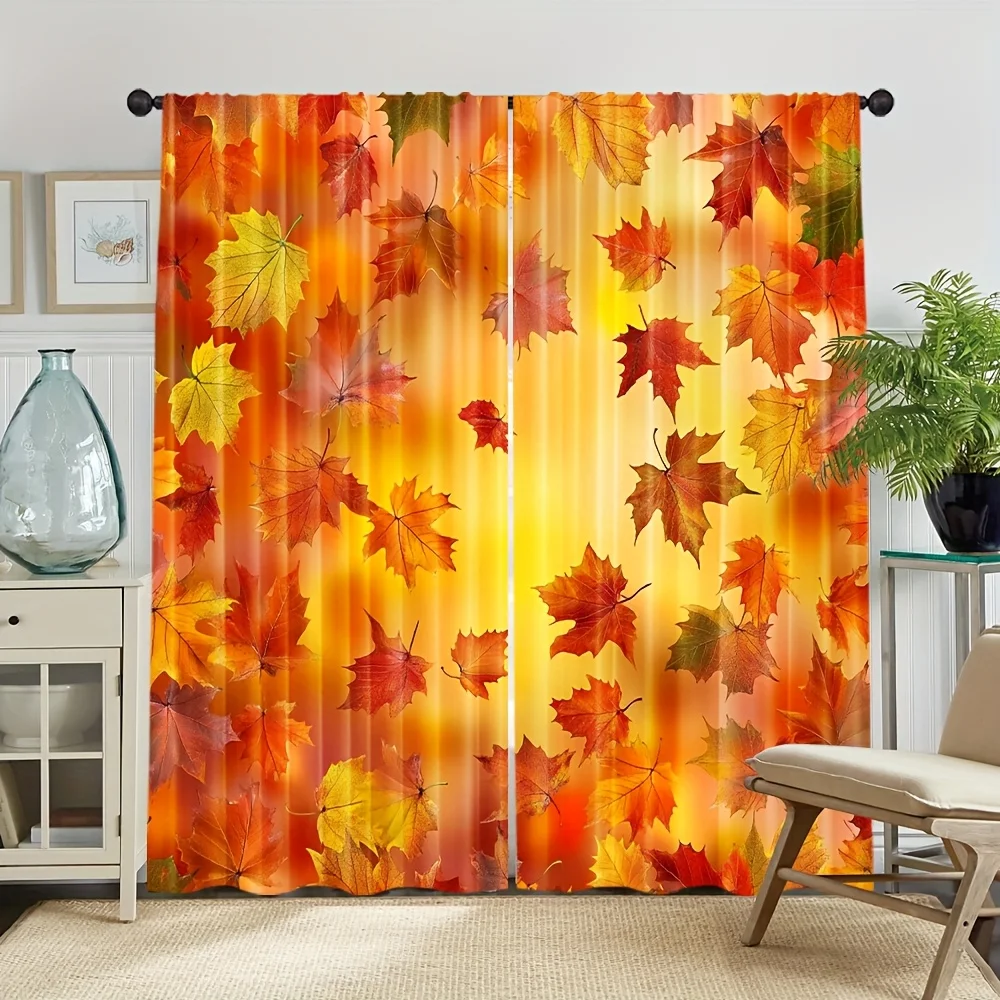 Premium Autumn Leaves Curtain 2pcs Pair Fall Seasonal Decor Orange Red Window Drapes for Living Room Home Decoration