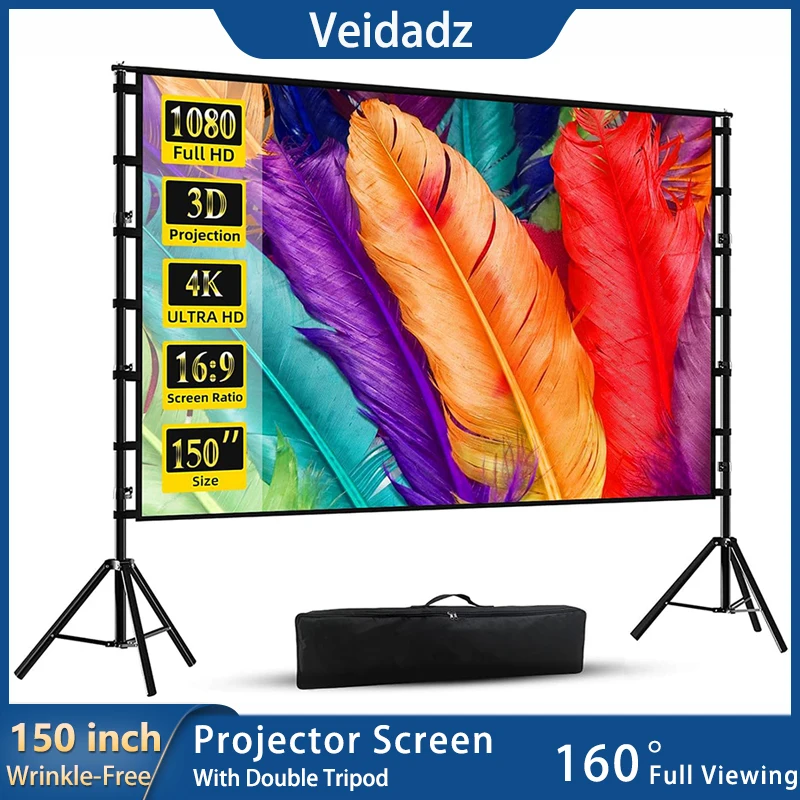 VEIDADZ-Pantalla de proyector blanca con soporte, sin arrugas, ángulo de visión de 160 °, pantalla de doble cara de 60-150 pulgadas, cine en casa,