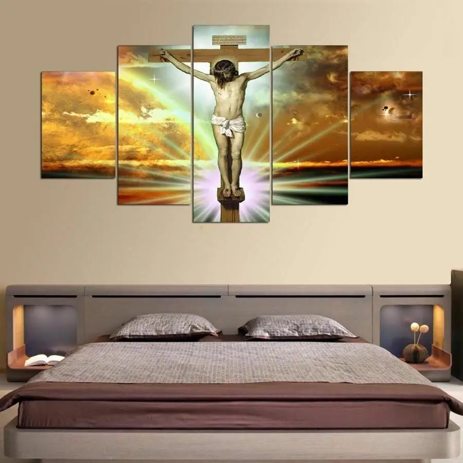 Crucifixion Christ Jesus On The Cross Canvas Print Painting Wall Art Poster 5 Pieces Pictures Framework Living Room Decoration