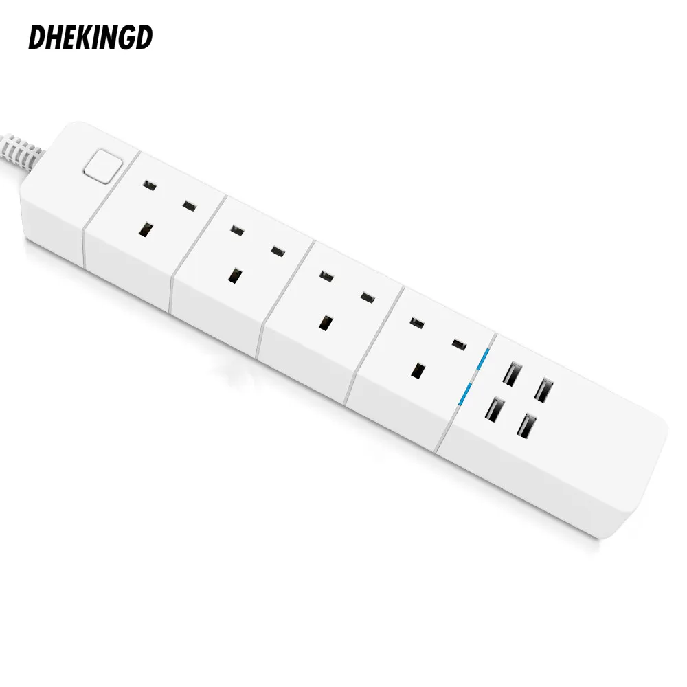Smart Power Strip UK WiFi współpracuje z Alexa, GoogleHome, Multi Plug 4 gniazda AC i 4 porty USB do ładowania, sterowanie głosem