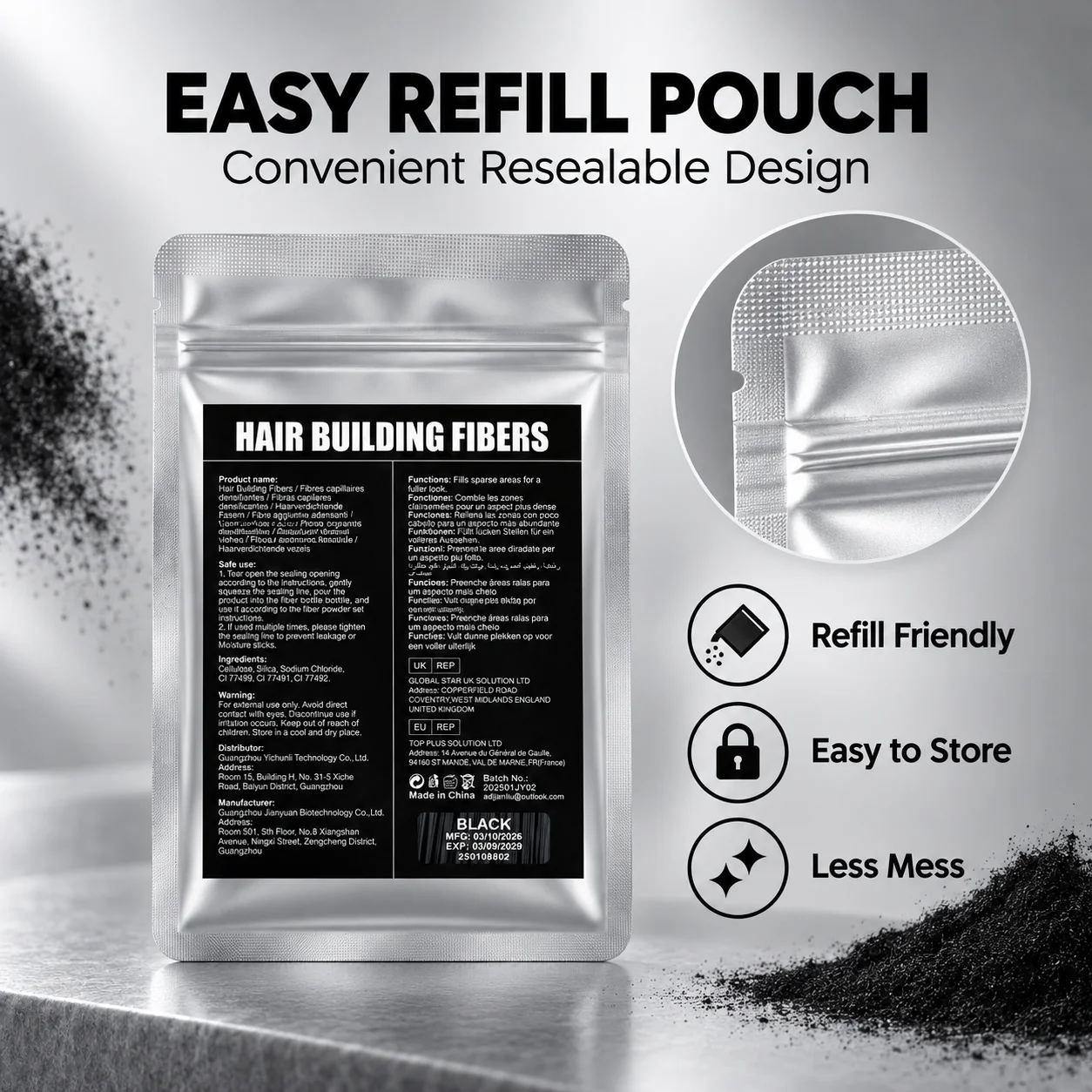 25g Hair Building Fibers Refill Pouch, Hair Thickening Fiber Powder for Hairline Crown and Part, Natural Look for Men Women