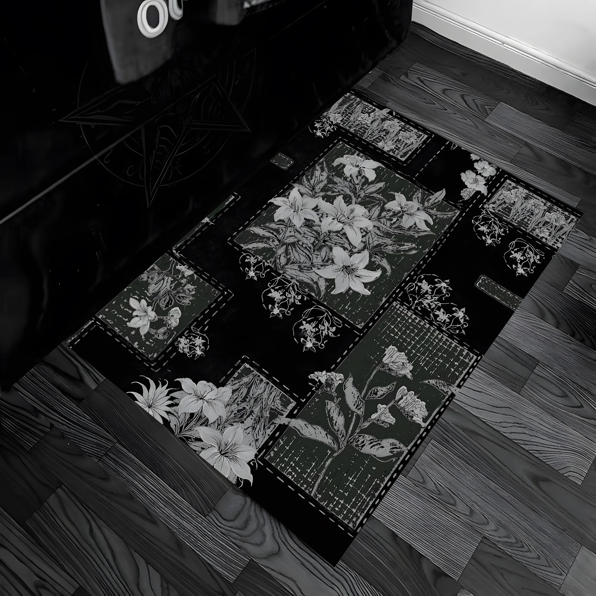 Black White Floral Patchwork Dark Vintage Velvet Rug for Halloween Living Room Bedroom Sophisticated Home Decor