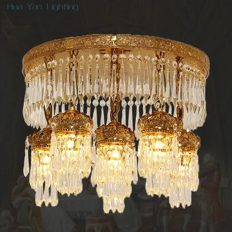 

European Classic Living Room Copper Ceiling Light Fixtures French Indoor Dining Room Bedroom Brass Crystal Ceiling Lamp