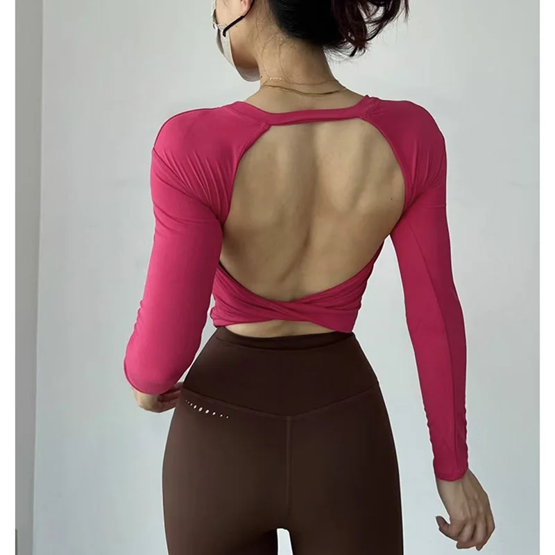 Yoga Long Sleeved Women's Fixed Chest Cushion Sexy Backless Short Sports T-shirt With Waist Cinching And Slimming Fitness Vest image 3