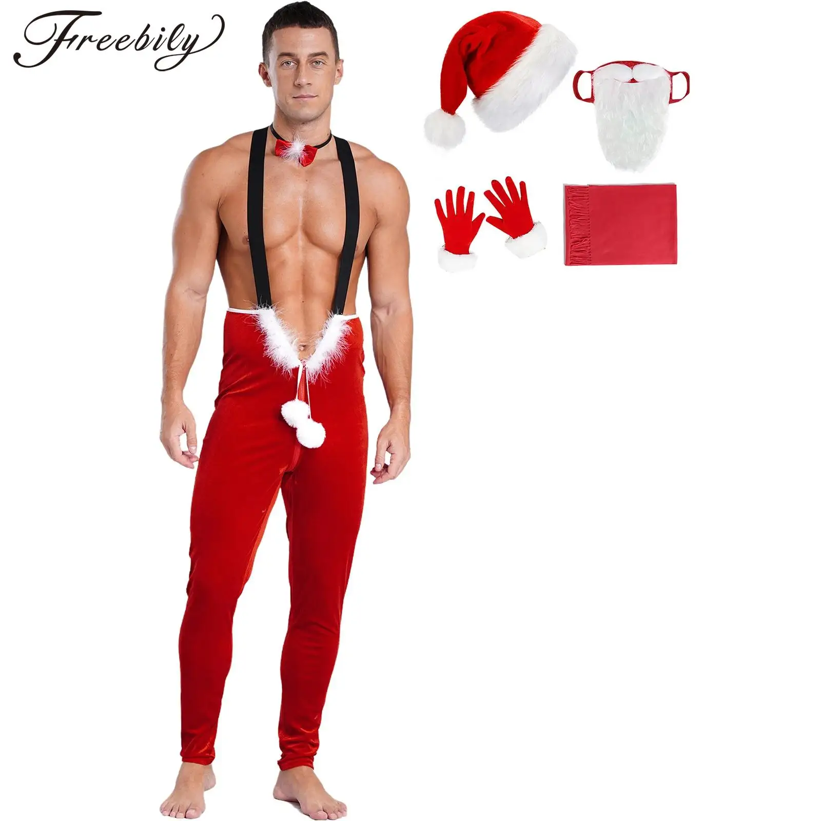 Mens Sexy Christmas Cosplay Costume Red Velvet Santa Claus Costumes Bib Overalls Jumpsuit Bodysuit with Santa Hat Accessories