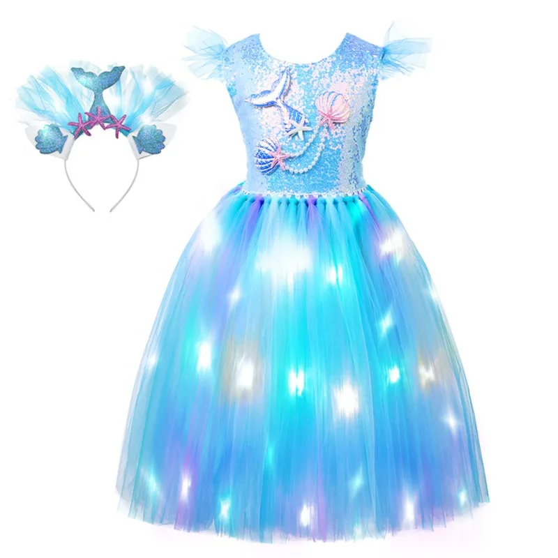 Girls LED Light‑Up Mermaid Princess Dress Flutter‑Sleeve Tulle Puffy Performance Clothes Suitable for Halloween Party Occasions