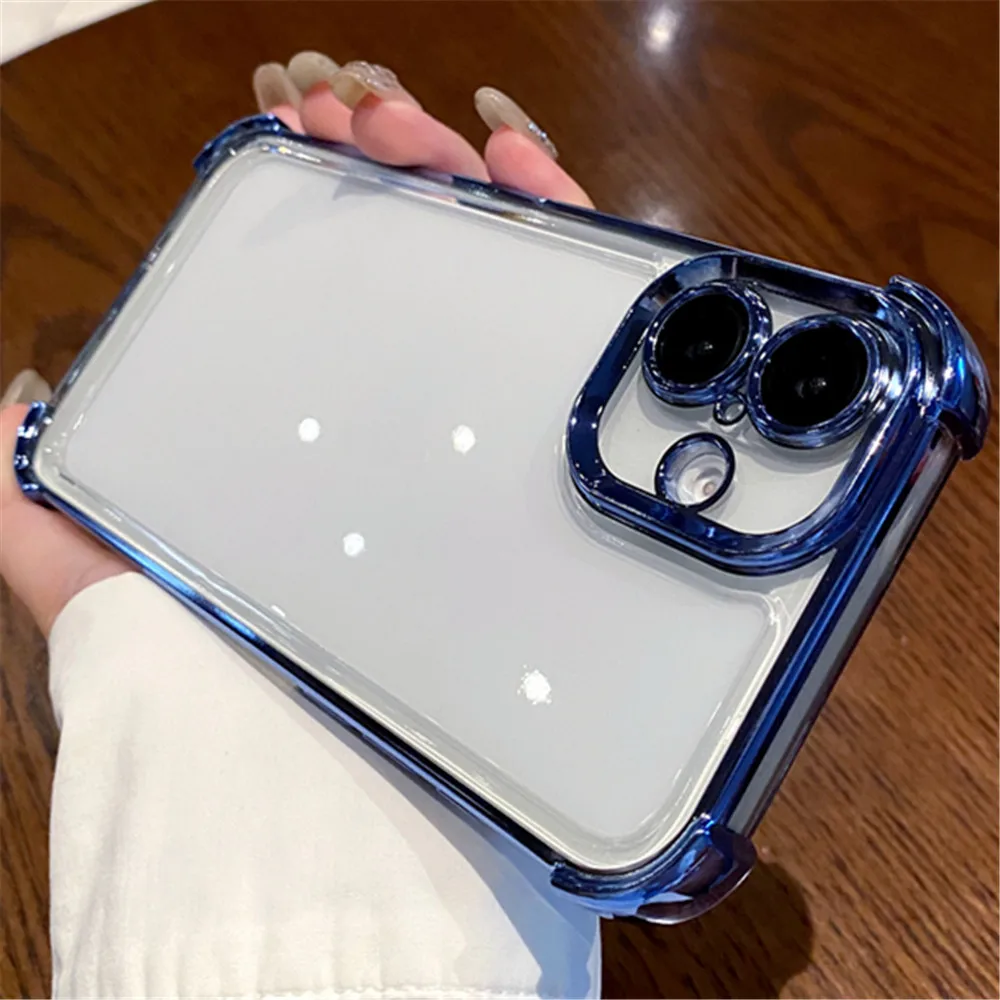 Shockproof Transparent Plating Phone Case For iPhone 16 15 14 Plus 13 12 11 Pro Max XS Max XR Four Corner Drop Protection Cover