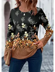 2024 Women's T shirt 3D Print Floral Leaf Design Long Sleeve Daily Weekend Fashion Round Neck Regular Fit Spring & Summer