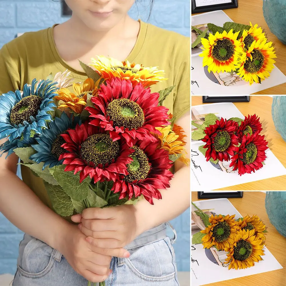 3Heads Decorative Home Decor Real Touch Wedding Decoration Silk Sunflower Artificial Flower Fake Flores Bouquet