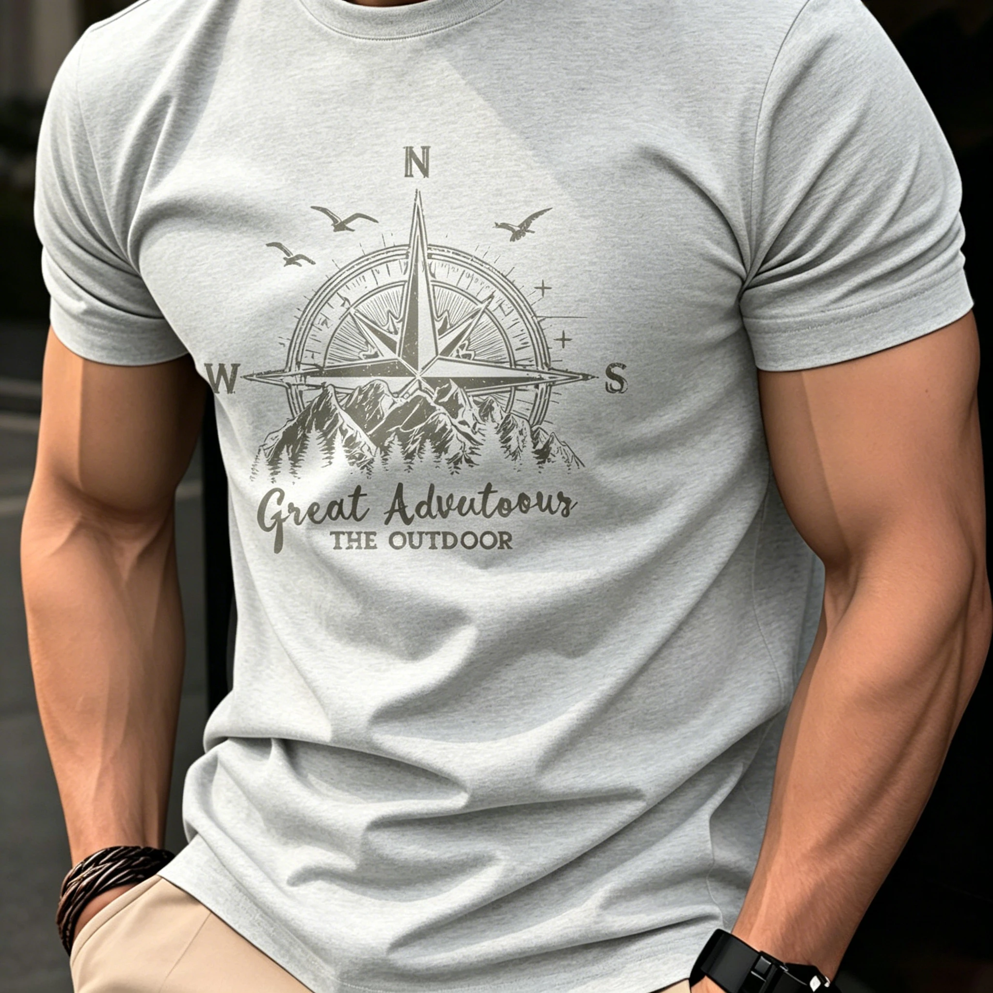 Sommer-Herren-T-Shirt aus 100% Reiner Baumwolle, Lässig Modisch Locker Sitzend mit Retro-Kompass-Bergmuster, Rundhals und Kurzen Ärmeln