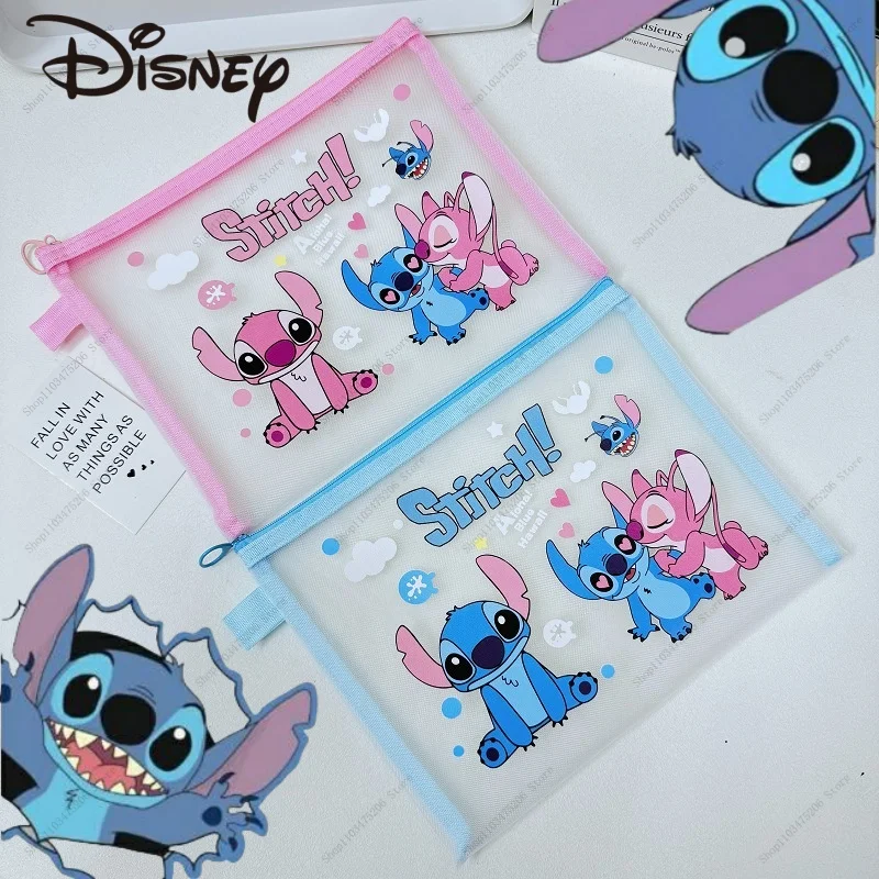 

2024 Anime Disney Lilo and Stitch A5 Nylon Mesh File Bag Student Cute Stationery Storage Bag Cartoon Transparent Gauze Pen Bag