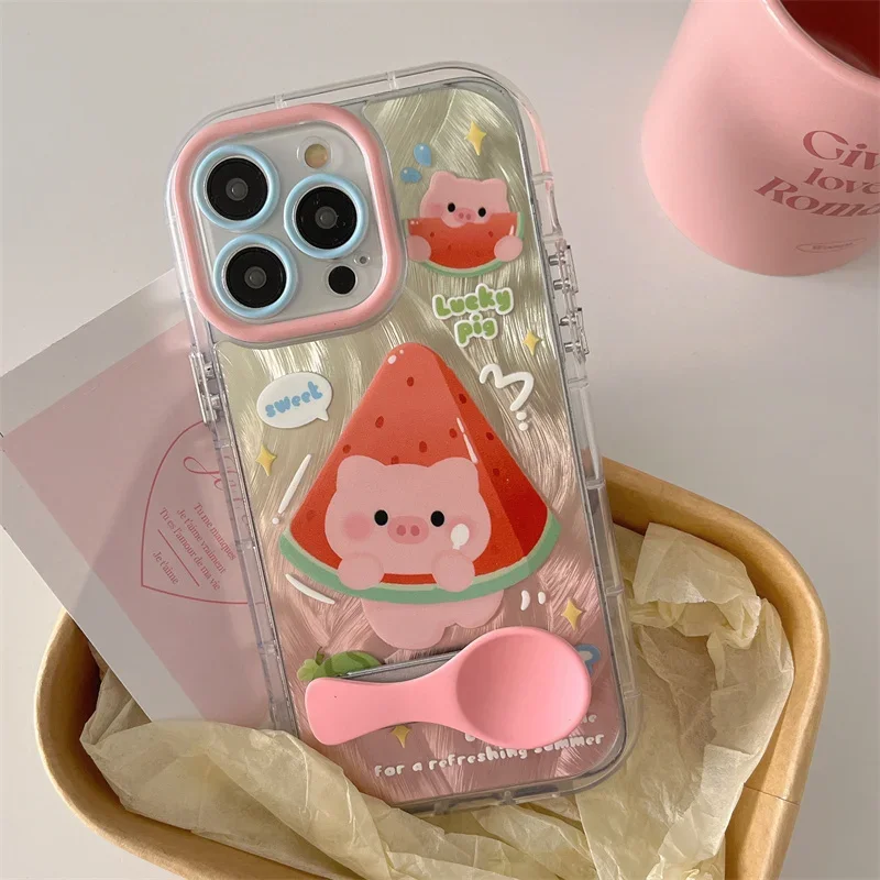 Funny Watermelon Piglet Phone Case for iPhone 15 14 13 Pro Max  15pro Lasers Cover Women Cartoons Spoon holder Protection Cases