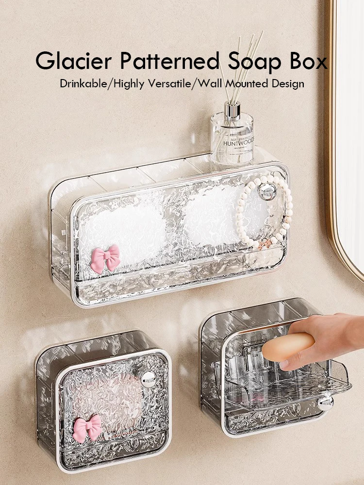 Bathroom Soap Box Non Perforated Transparent Wall Mounted Soap Storage Rack With Cover Soap Rack Fashionable Glacier Pattern