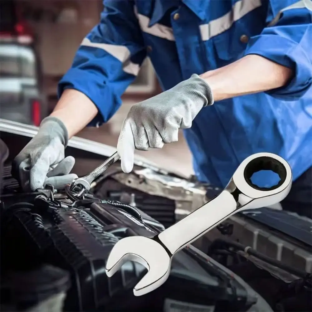 

CR-V Steel Stubby Ratcheting Combination Wrench Dual-use 8mm-17mm Quick Open Wrench Hand Spanner Mini Plum Blossom