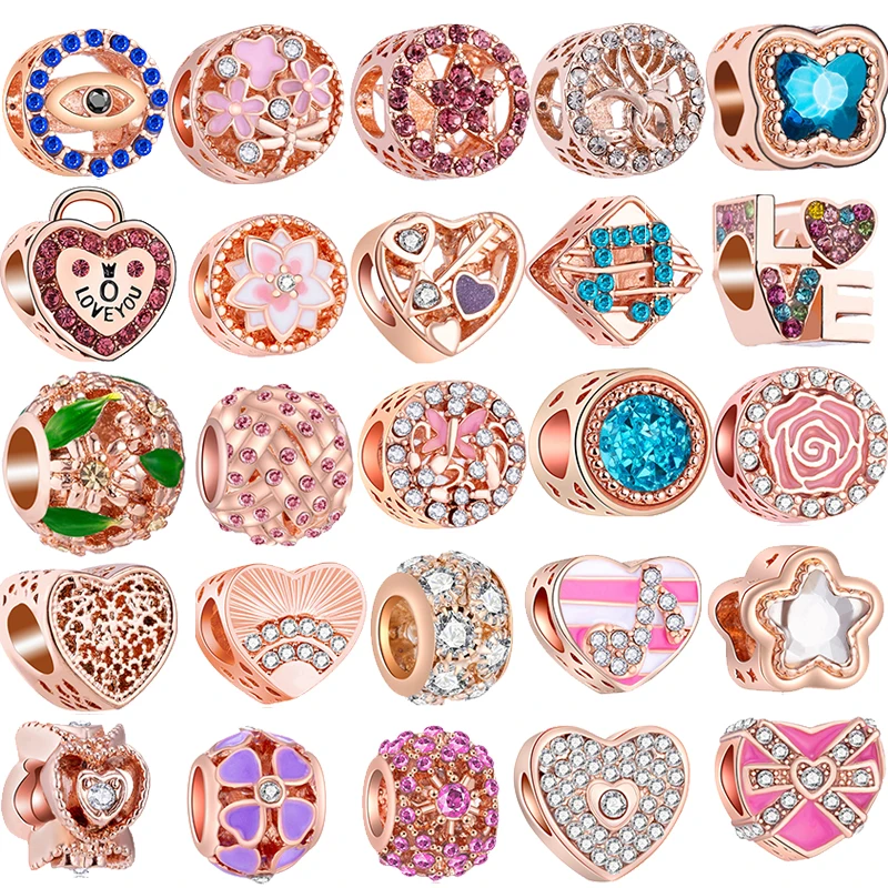 Fashion Rose Gold Plated Crystal Love Heart Flower Charms Bead Fit Original Bracelet Charm Pendants for DIY Jewelry Making
