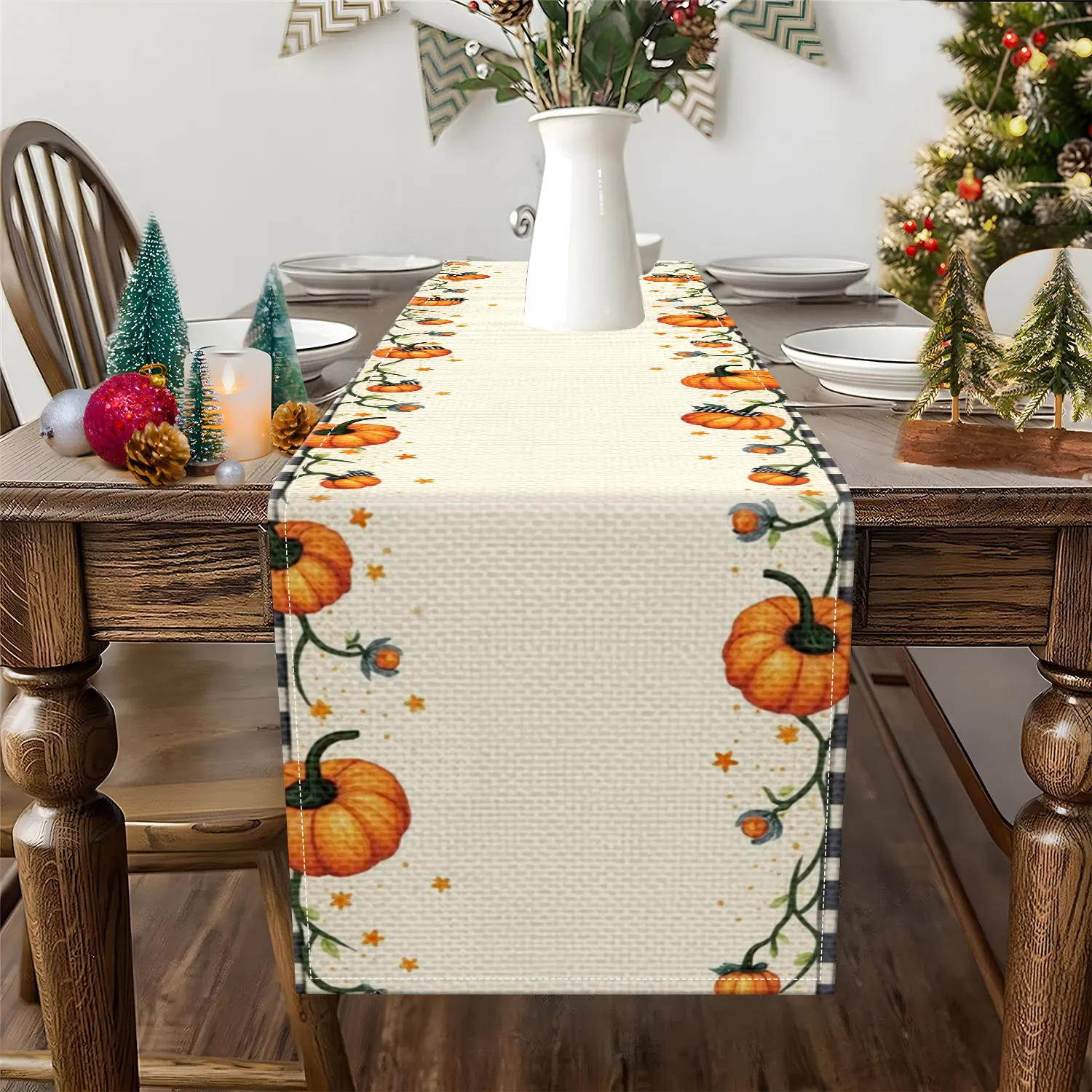 1 Piece of Pastoral-Style Pumpkin Vine-Themed Table Runner, Featuring Pumpkin, Vine, and Star Elements as the Main Motifs, Suitable for Autumn Home Decoration and Thanksgiving Table Setting