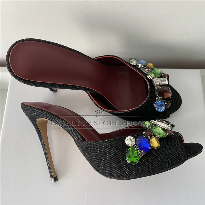 Individual Denim Slingbacks Mules For Girls Summer 10cm Stiletto Heel Colorful Rhinestone Buckle Decor Sandals Women 2024