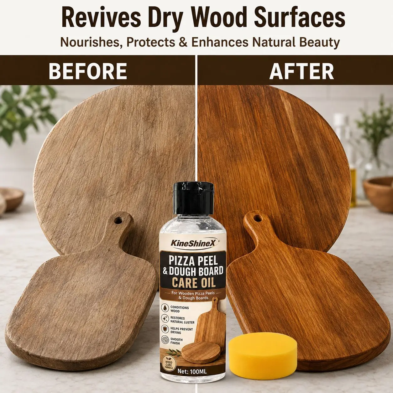 100ML Pizza Peel & Dough Board Care Oil Wood Conditioner with Sponge, Restores Natural Luster, Helps Prevent Drying and Cracking