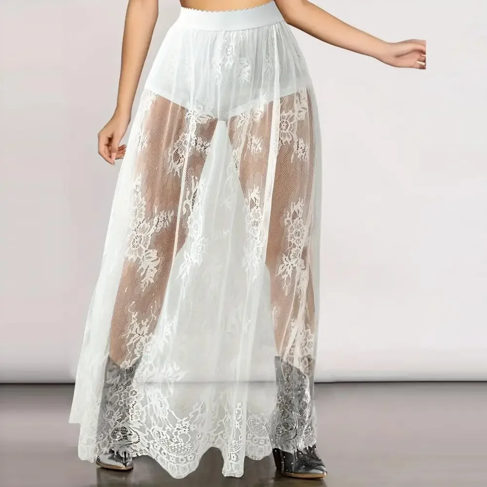 

Dark Style Women Maxi Skirt See-through Women Skirts Embroidery Flower Lace Long Skirt Elastic High Waist A-Line Sexy Mesh Skirt