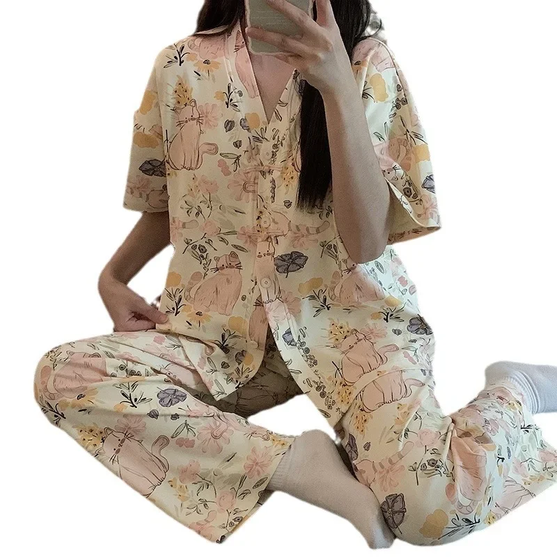 Cotton Short Sleeve Pants Floral Print Woman Satin Pajama Sets Ensembles 2 Piece Lady Outfit Lounge Women Pijama Sleepwear Pj