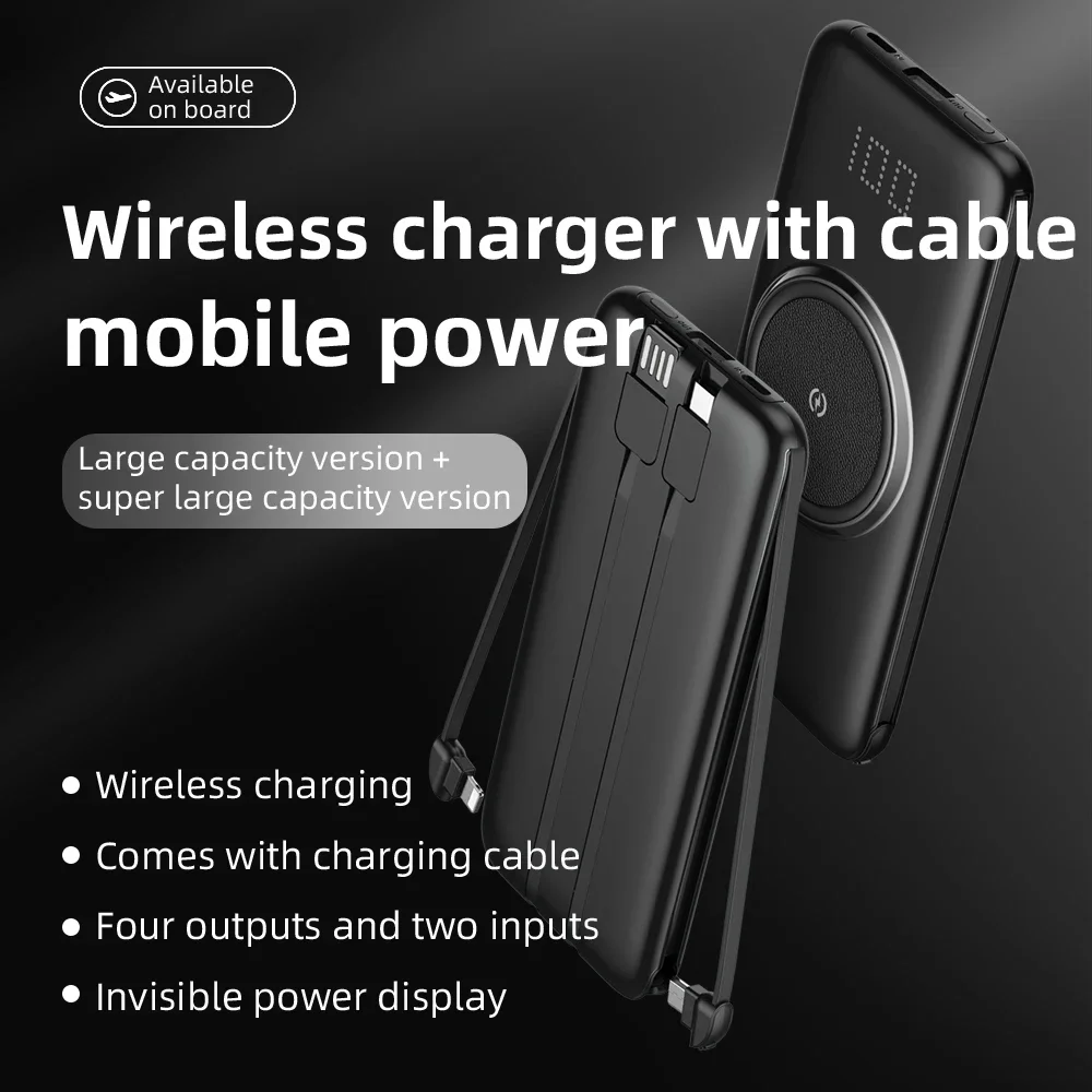 10000/20000mAh Wireless Charger Power Bank For iPhone Samsung Huawei Xiaomi Built-in 4 Cables Powerbank Battery Charger android