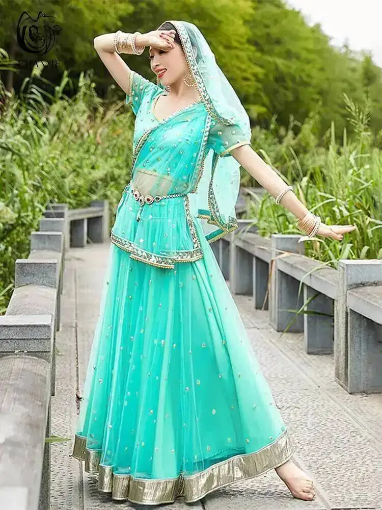 Belly Dance Clothes Exotic Indian Dance Costume Ethnic Style Women's Belly Dance Dress Sari Top Large Swing Skirt Lengha Set