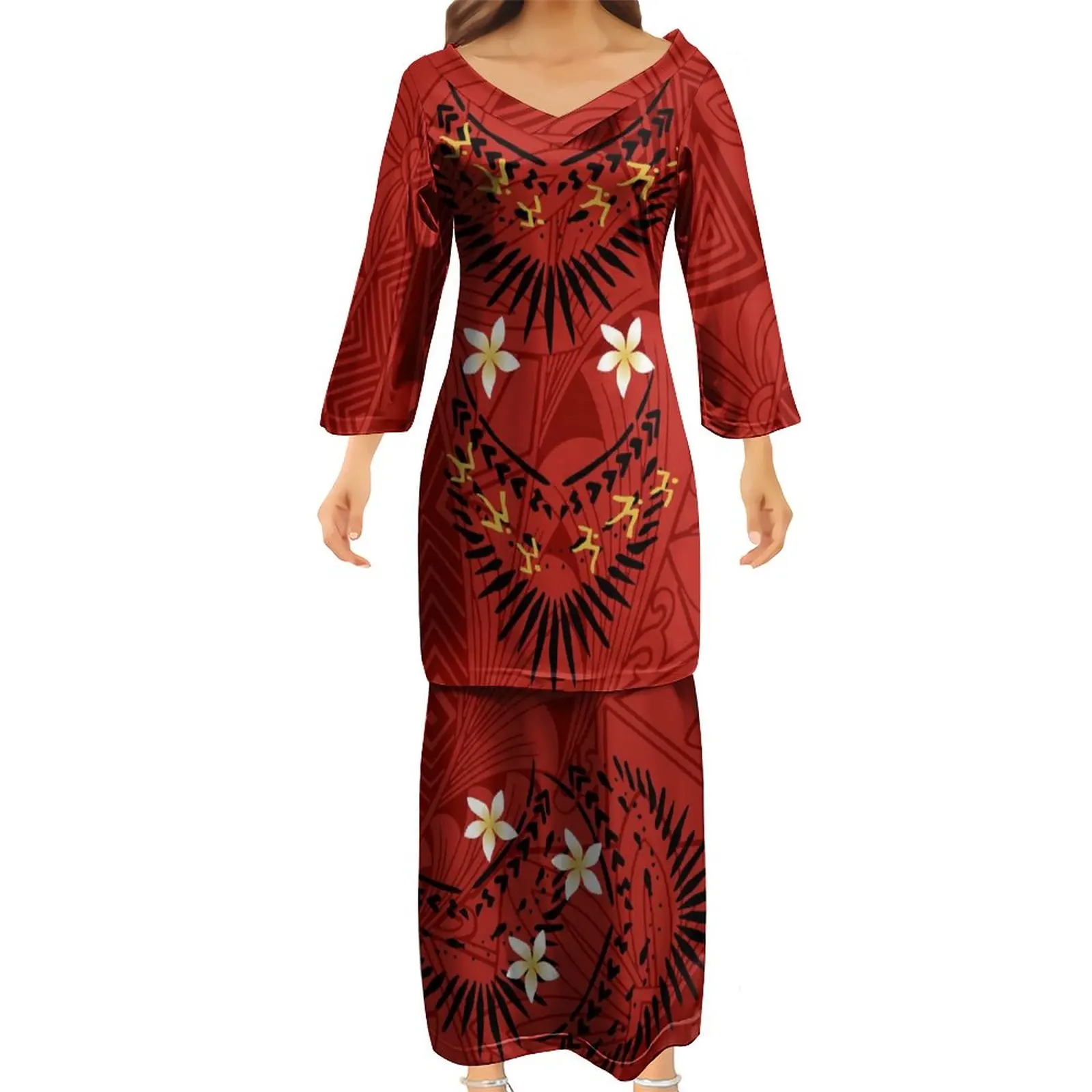 Red Fashion V-neck Puletasi Polynesian Samoan Traditional Clothing Custom Women Couples Dress Three-Quarter Sleeves Ptaha