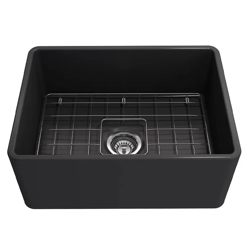 

24-Inch kitchen black ceramic sink modern flat front washing semi-embedded under-counter basin large single slot