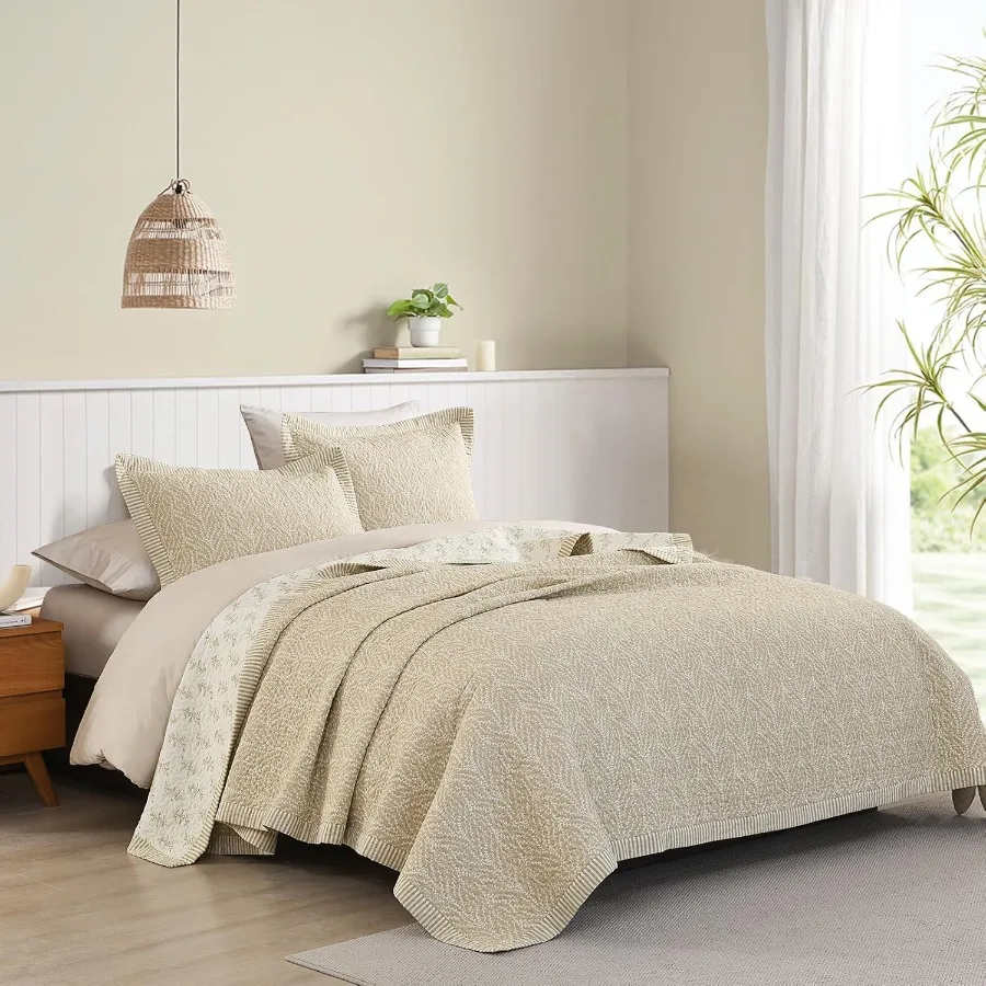 Quilt Set King Size, 100 Cotton Quilt Bedding Set Bedspread, Botanical Pattern Solid Color Chic Lightweight Quilted Comforter f