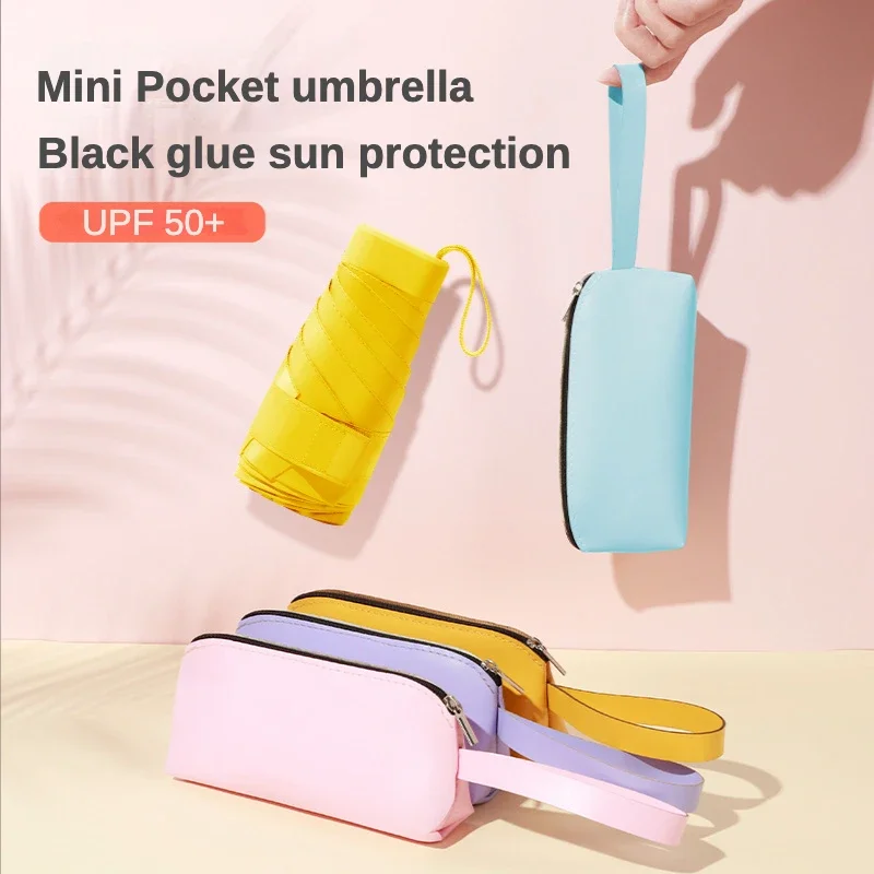 

Leather Case Zipper Bag Mini Folding Sunscreen Umbrella for Women, Sunshade Sun and Uv Protection Small Portable Pocket Umbrella