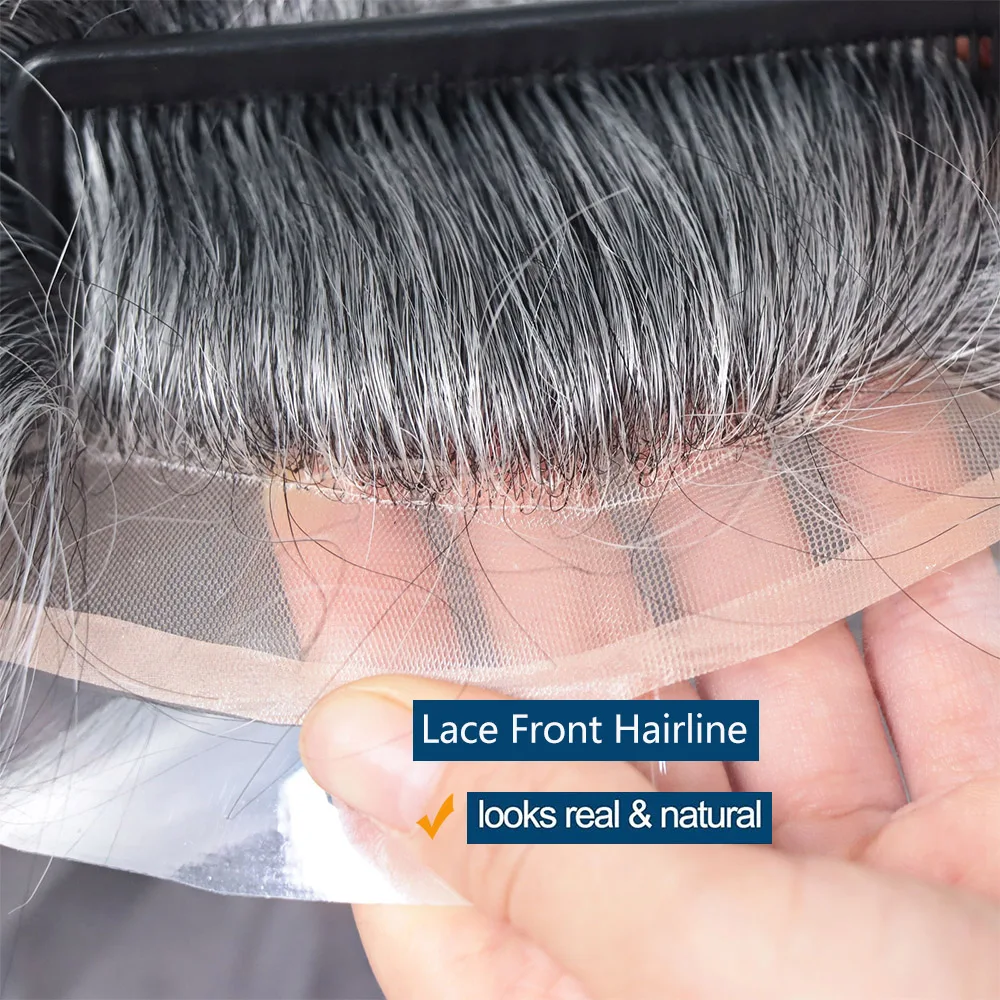 شعر مستعار بدانتيل أمامي أحادي للرجال ، شعر مستعار شعري رمادي ، شعر مستعار بشري ، ذكر مموج ، نظام شعر مستعار ، 8 × 10 بوصة