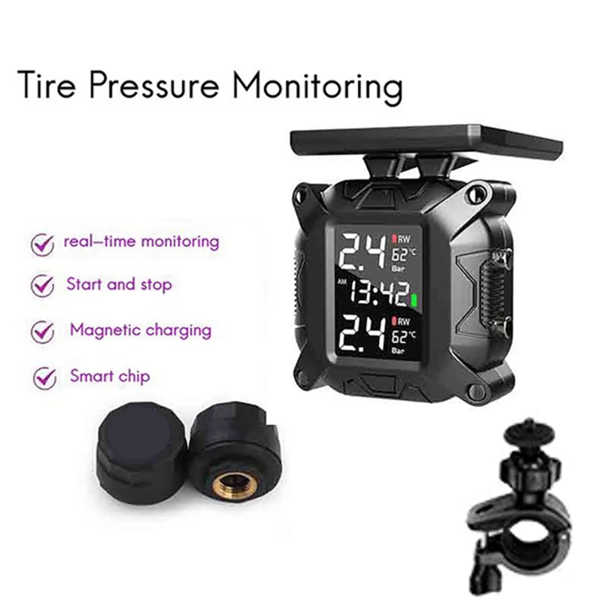 Wireless Motorcycle TPMS Tire Pressure Monitoring System Solar External Sensor Temperature Monitor Water Proof A