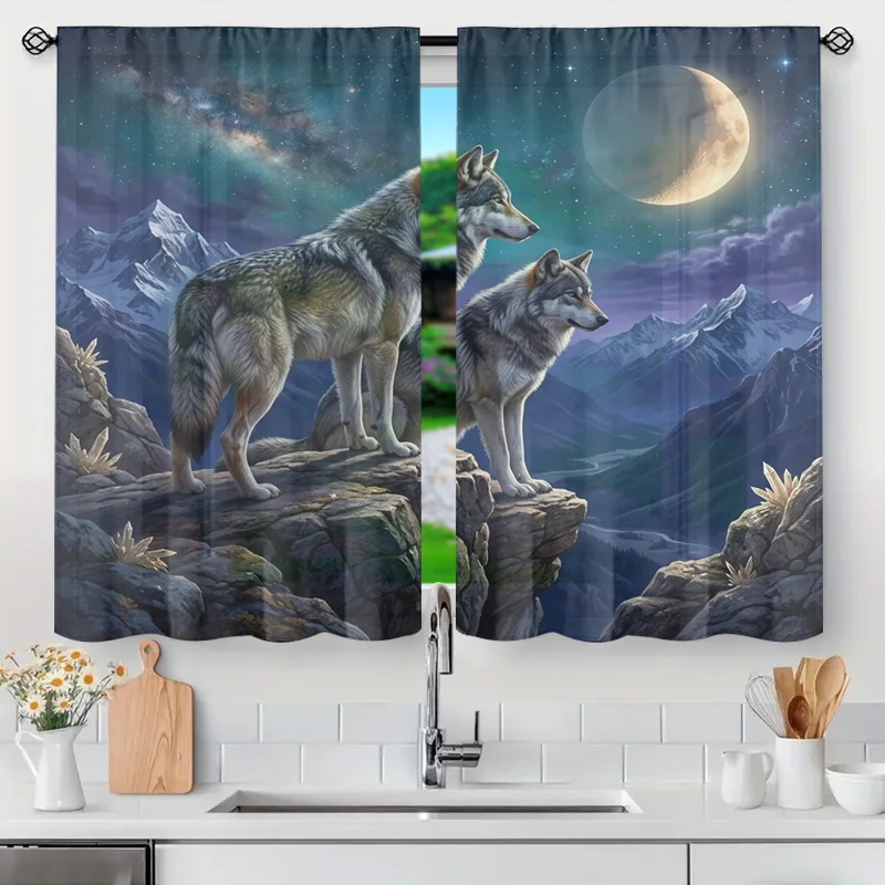 Majestic Wolf Family under Cosmic Galaxy Sky Curtain Window Drapes Decorative Night Moon Star View Panel for Living Room Bedroom