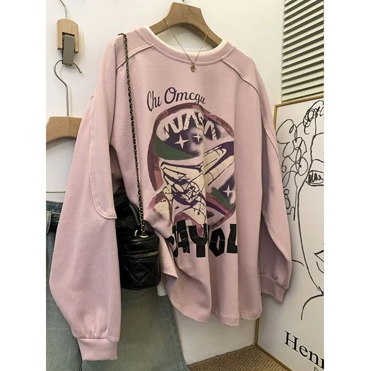 

Элитный женский корейский свитшот с принтом, весна-осень, новинка, тонкий, свободного кроя, с длинным рукавом, круглый вырез