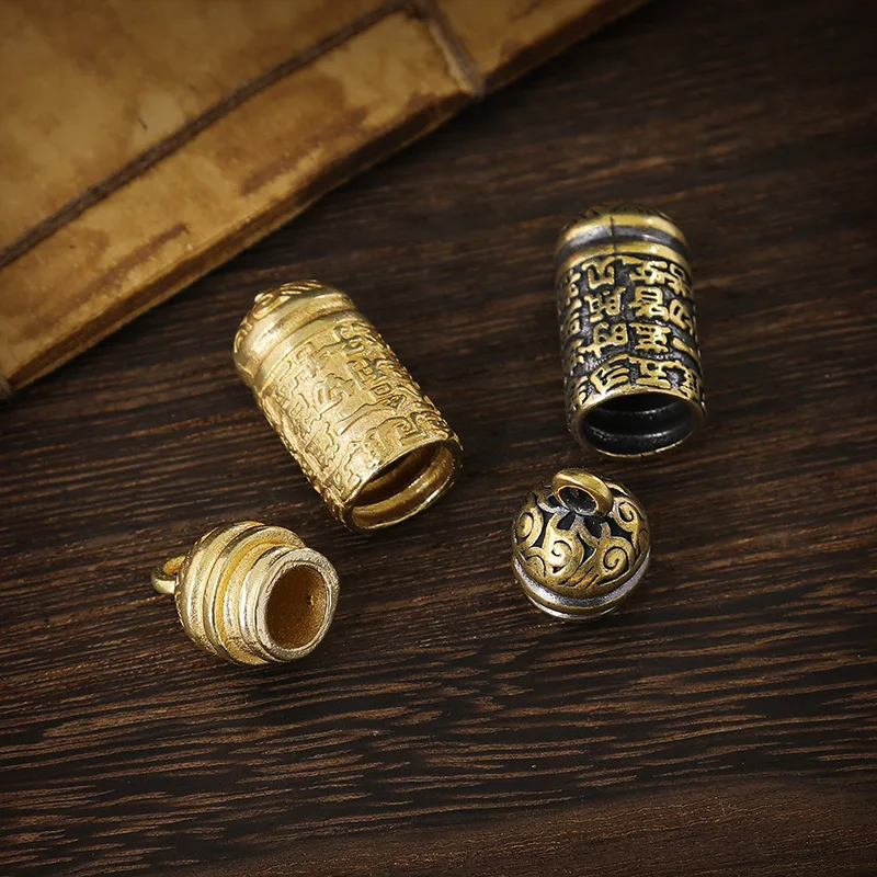 Hollow Brass Buddha Bottle Sutra Cylinder Pendant Keychain Handmade Vintage Pill Box Container Bottle Keychains Pill Case Bottle