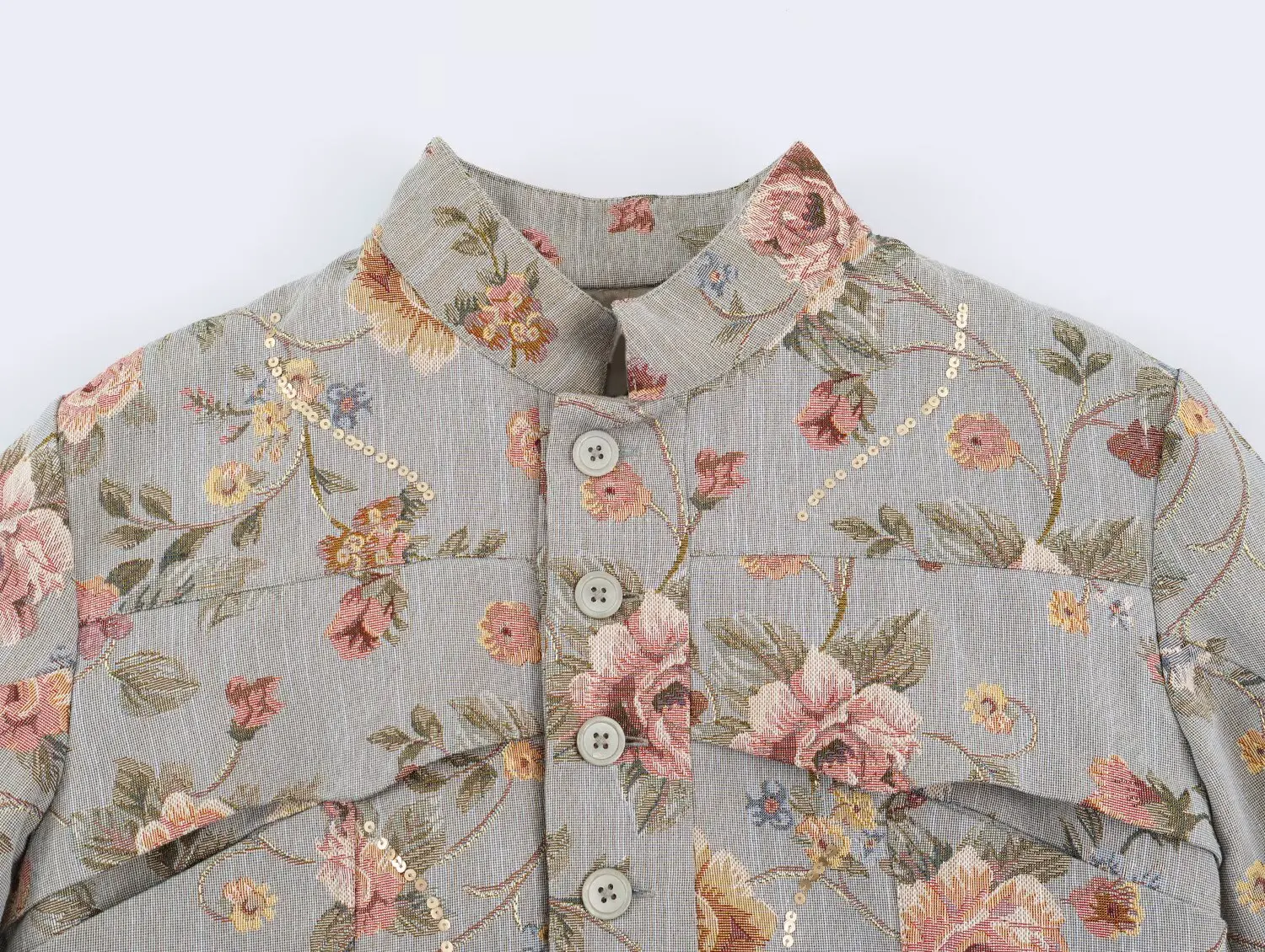 2026 Damen Einreihiger Langarm-Blazer mit Stickerei und Pailletten, Modischer Slim-Fit Vintage-Blumen-Blazer mit Stehkragen für Büro und Freizeit – Detail 4