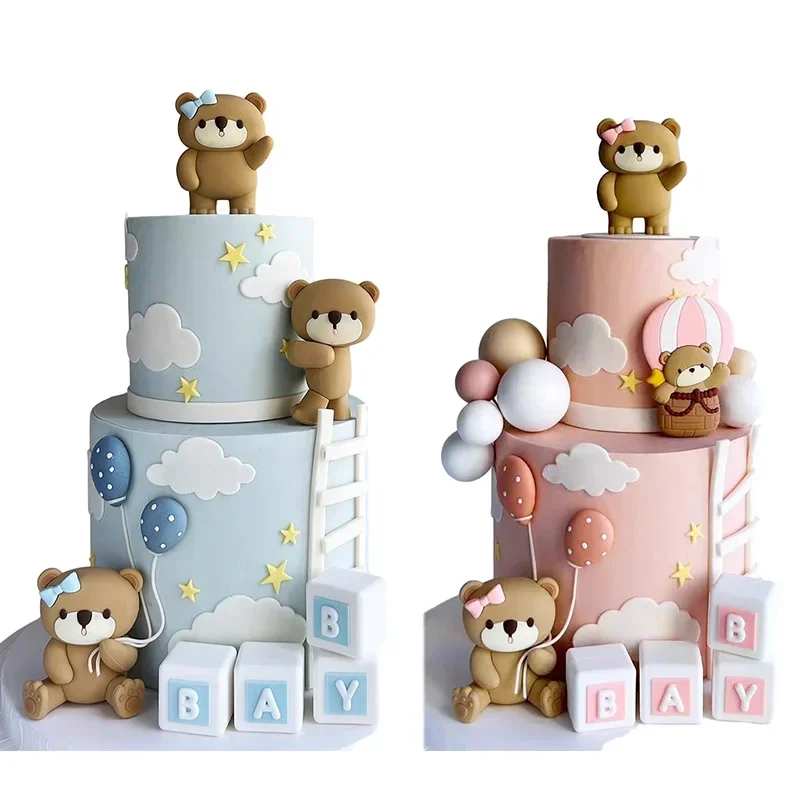 3D Teddy Theme Bear Cake Toppers Baby Shower Bear decorazioni Boy Girl Birthday Cake Decoration for Gender Reveal regali carini