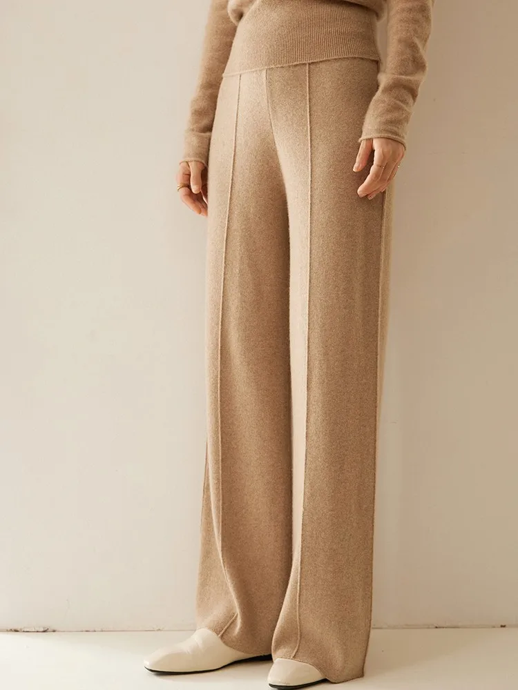 

New Fashionable Ladies Pants100% Cashmere Solid Color High Waist With Lines Autumn Winter Knit Casual Thick Clothing