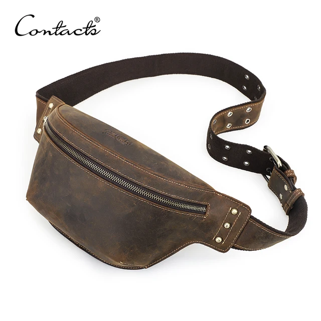 CONTACT'S Genuine Leather Waist Bags Crazy Horse Leather Men Waist Pack Hip Bum Bag Crossbody Bag Travel Bag for 8.3" iPad Mini