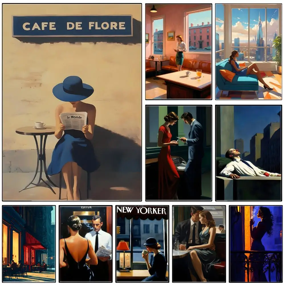 Art Print E-Edward Hopper City Poster  Self-adhesive Art Waterproof Paper Sticker Coffee House Bar Room Wall Decor