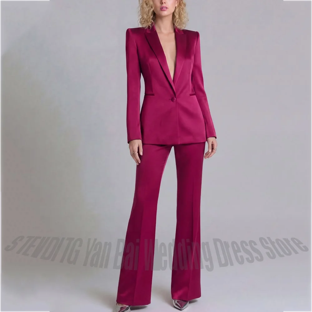 Chic Fuchsia Satin Women's Pant Suits Slim Fit Peaked Lapel Luxury Shiny Professional Office Lady Formal Outfit(Jacket+Pants)
