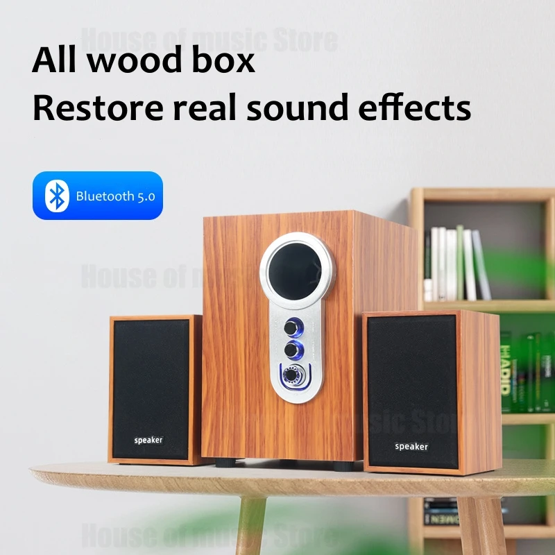 

2.1 Wooden Subwoofer Bookshelf Speakers Home Desktop Wireless Bluetooth Speaker Laptop Portable Hi-Fi USB Wired Amplifiers