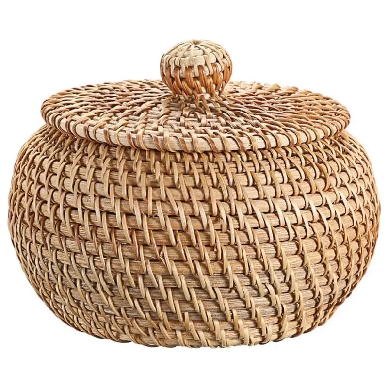 【LIMITED TIME DISCOUNT】Round Rattan Basket With Lid, 6.3" X 5.5", Small Decorative Box In Hand-Woven Wicker For Entryway& Picnic