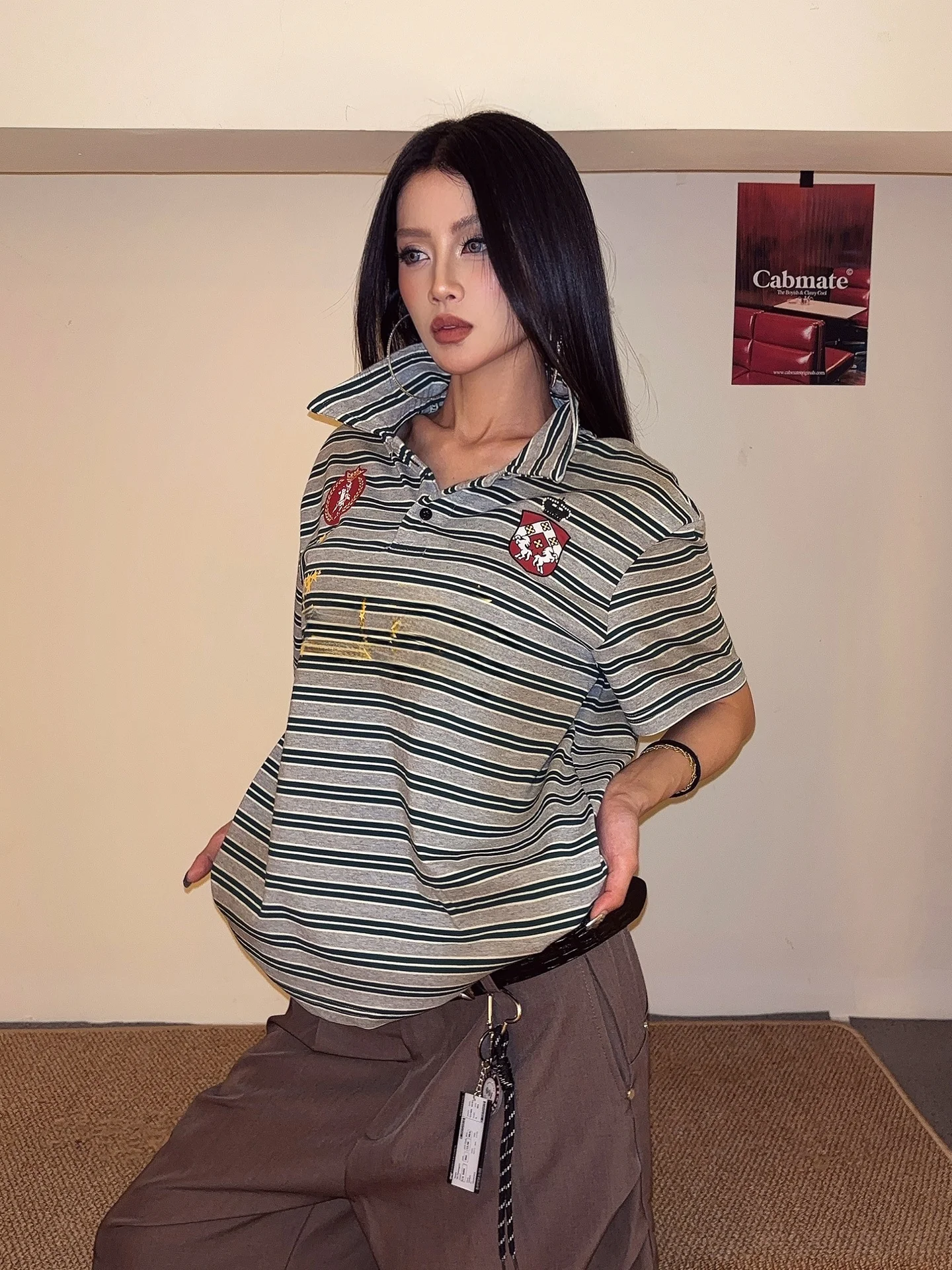 DoubleD Stripe Spray Dirty Vintage Color  Collar Short Sleeve T-Shirt Unisex Summer Loose Sports Soccer Jersey Style