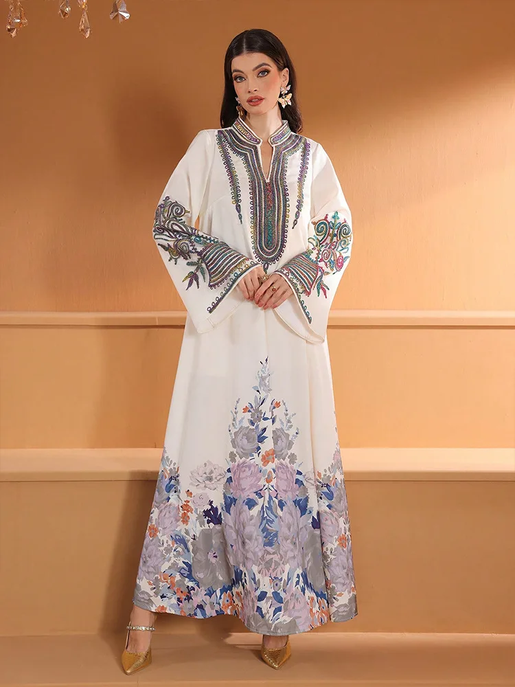 

Middle Eastern Muslim women's long robe fashion decal print Dubai casual dress Arab women's dress robe dresses for woman vestido