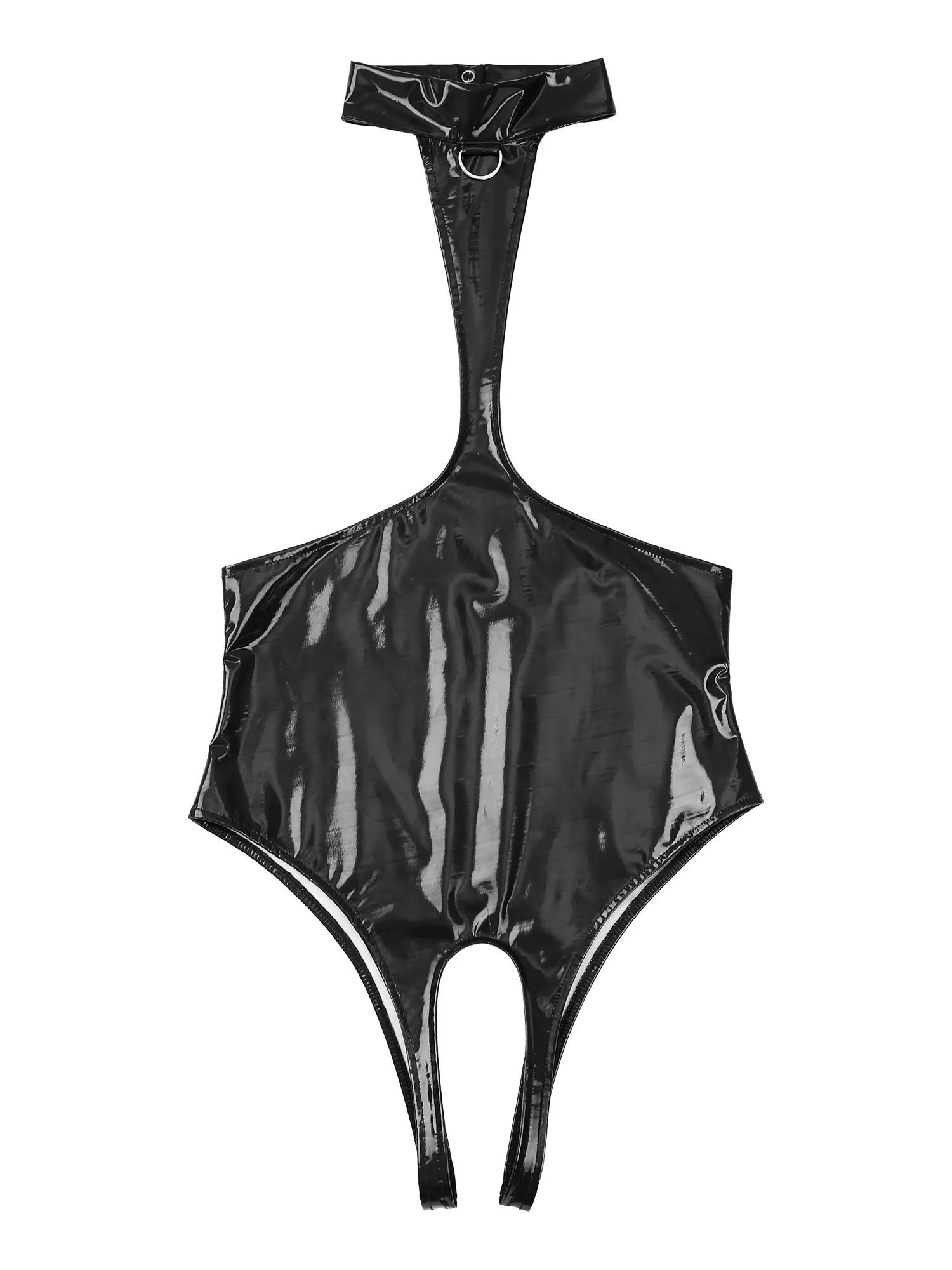 Womens Wet Look Patent Leather Bodysuit Sexy Open Chest Halter Leotard Backless Crotchless Latex Catsuit Lingerie Nightwear